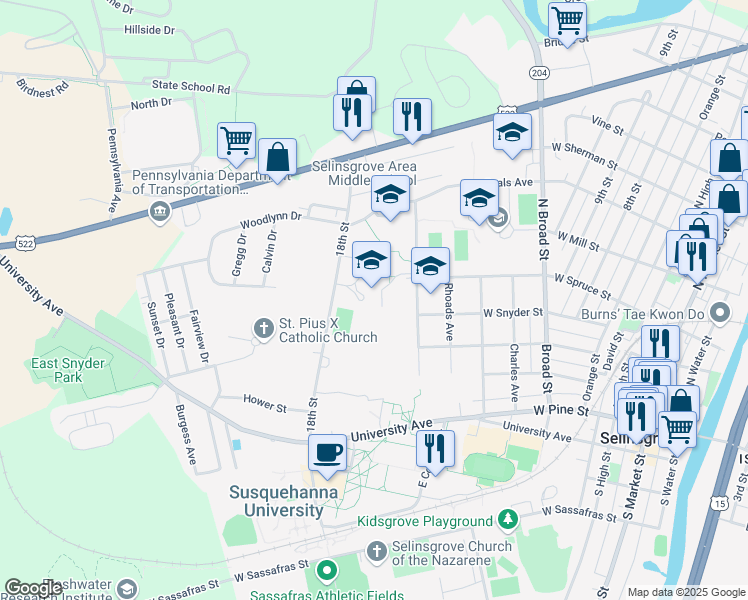 map of restaurants, bars, coffee shops, grocery stores, and more near 301 18th Street in Selinsgrove