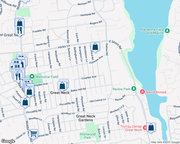 map of restaurants, bars, coffee shops, grocery stores, and more near 9 Wimbleton Lane in Great Neck