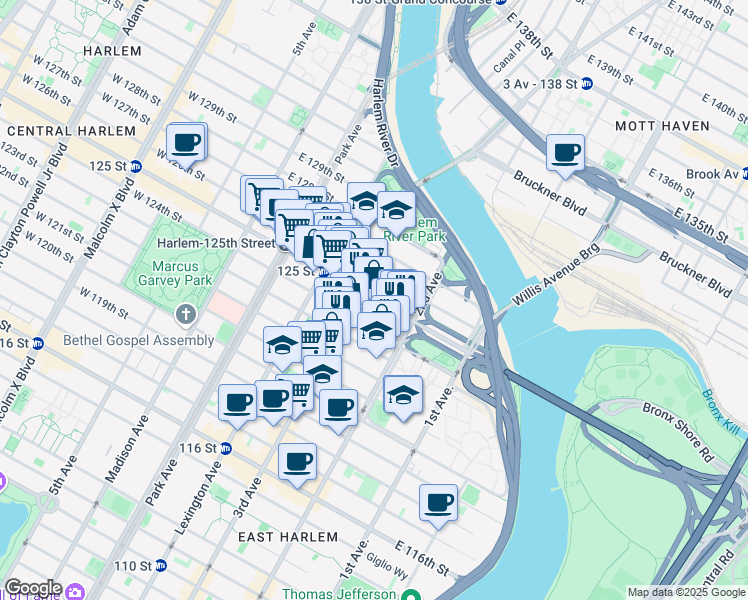 map of restaurants, bars, coffee shops, grocery stores, and more near 224 East 125th Street in New York