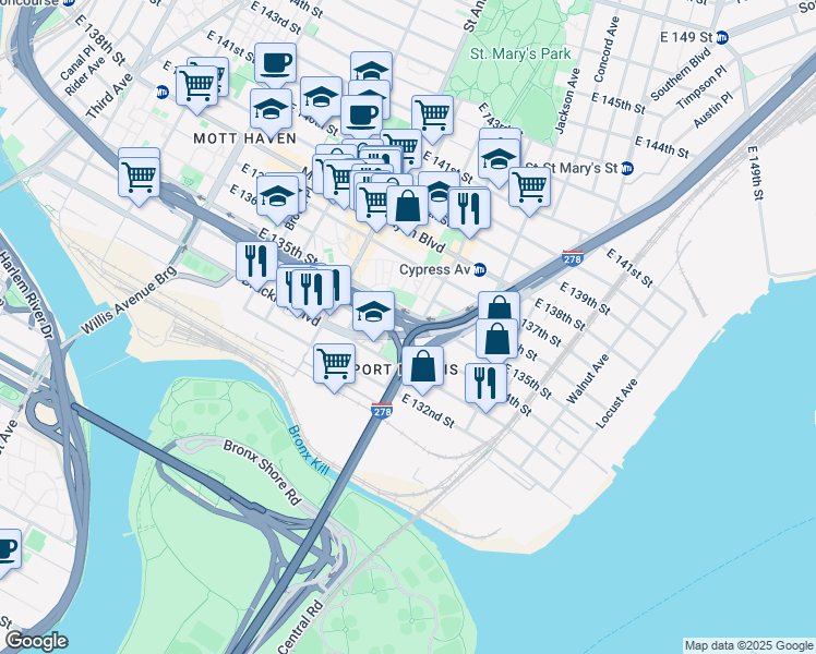 map of restaurants, bars, coffee shops, grocery stores, and more near 164 Bruckner Boulevard in The Bronx