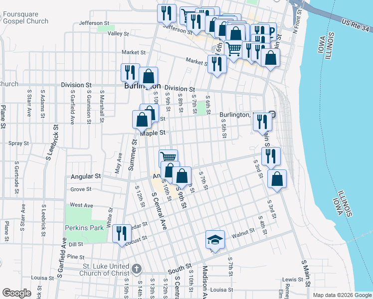 map of restaurants, bars, coffee shops, grocery stores, and more near 529 South 7th Street in Burlington