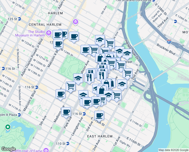 map of restaurants, bars, coffee shops, grocery stores, and more near 100 East 123rd Street in New York
