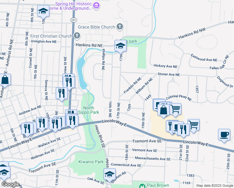 map of restaurants, bars, coffee shops, grocery stores, and more near 452 16th Street Northeast in Massillon