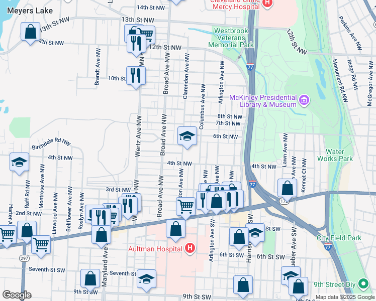 map of restaurants, bars, coffee shops, grocery stores, and more near 412 Clarendon Avenue Northwest in Canton
