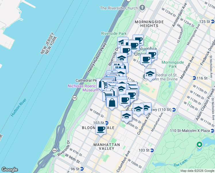 map of restaurants, bars, coffee shops, grocery stores, and more near 325 West 108th Street in New York