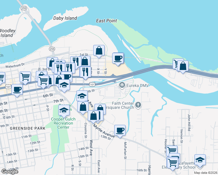 map of restaurants, bars, coffee shops, grocery stores, and more near 2426 West 6th Street in Eureka