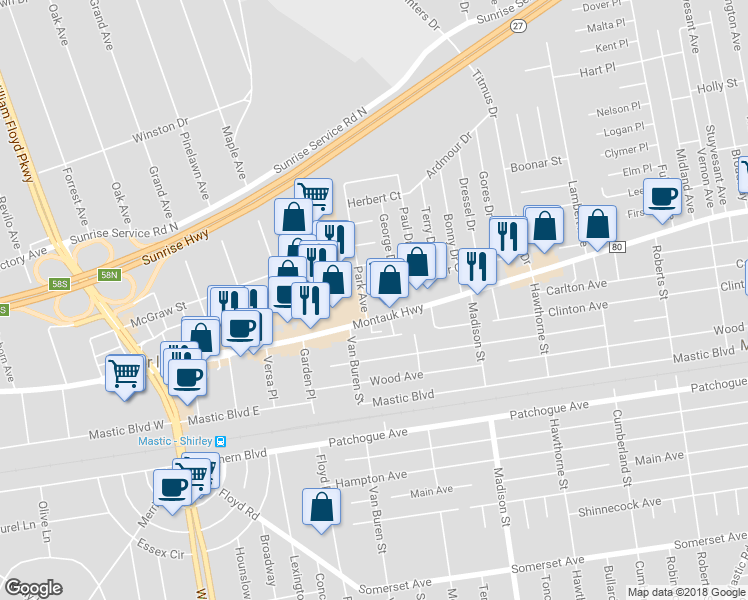 map of restaurants, bars, coffee shops, grocery stores, and more near 15 Park Avenue in Mastic