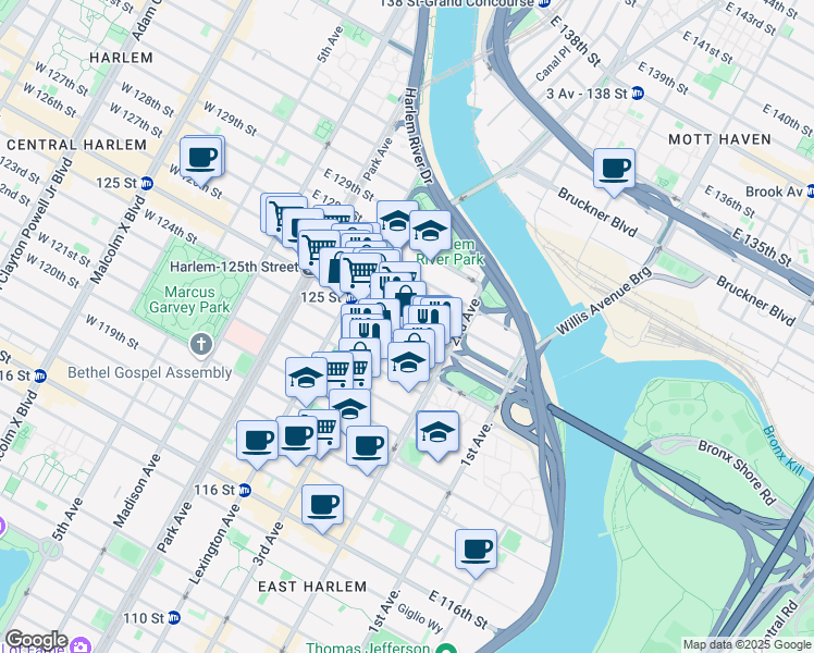 map of restaurants, bars, coffee shops, grocery stores, and more near 224 East 125th Street in New York