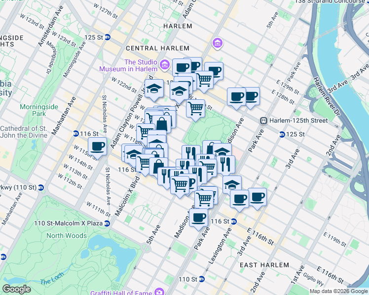map of restaurants, bars, coffee shops, grocery stores, and more near 11 West 119th Street in New York