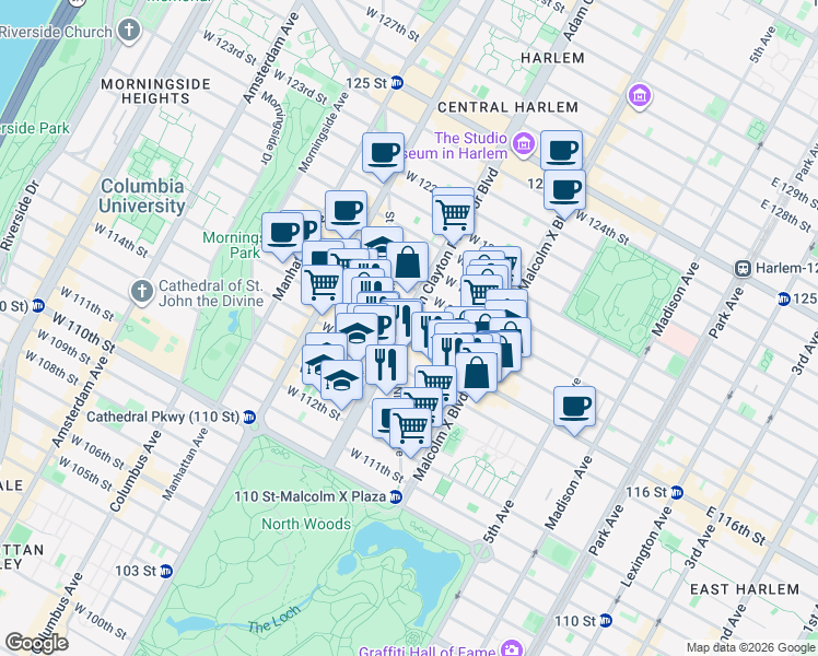 map of restaurants, bars, coffee shops, grocery stores, and more near 141w West 116th Street in New York