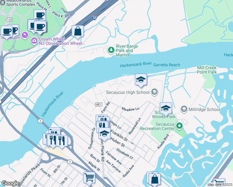 map of restaurants, bars, coffee shops, grocery stores, and more near 1118 Farm Road in Secaucus