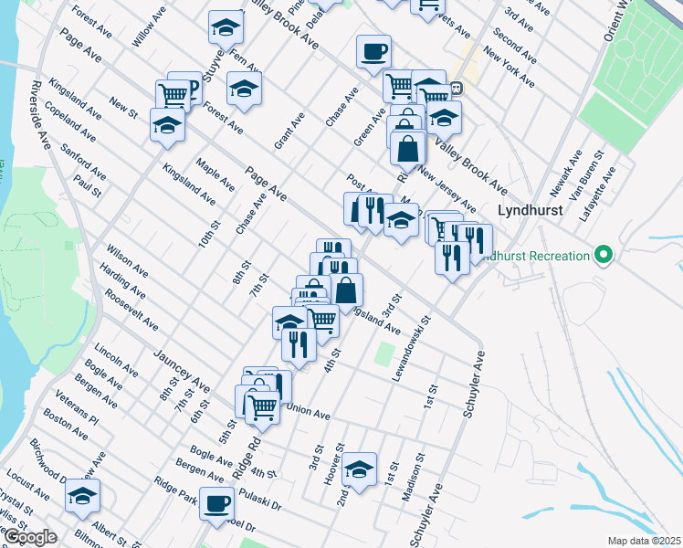 map of restaurants, bars, coffee shops, grocery stores, and more near 590 Ridge Road in Lyndhurst