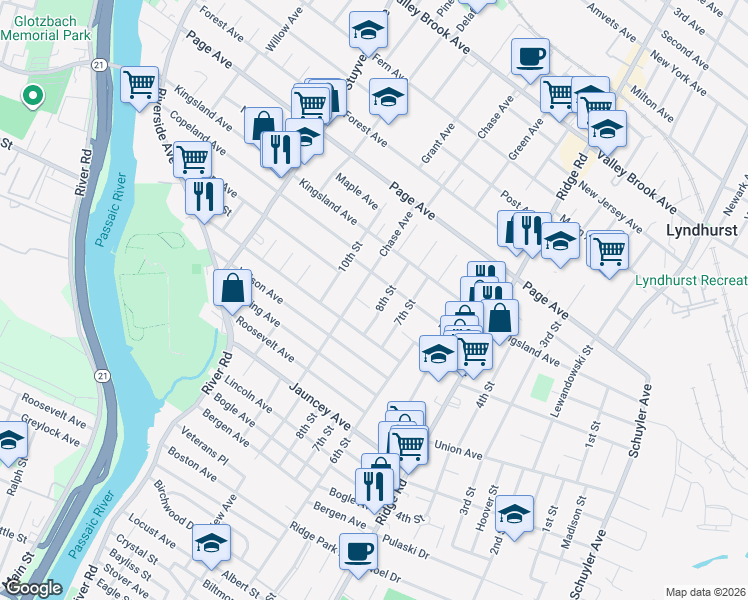 map of restaurants, bars, coffee shops, grocery stores, and more near 438 Summer Avenue in Lyndhurst