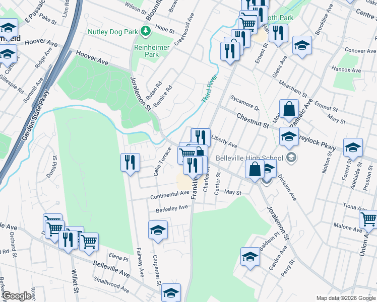 map of restaurants, bars, coffee shops, grocery stores, and more near 669 Joralemon Street in Belleville