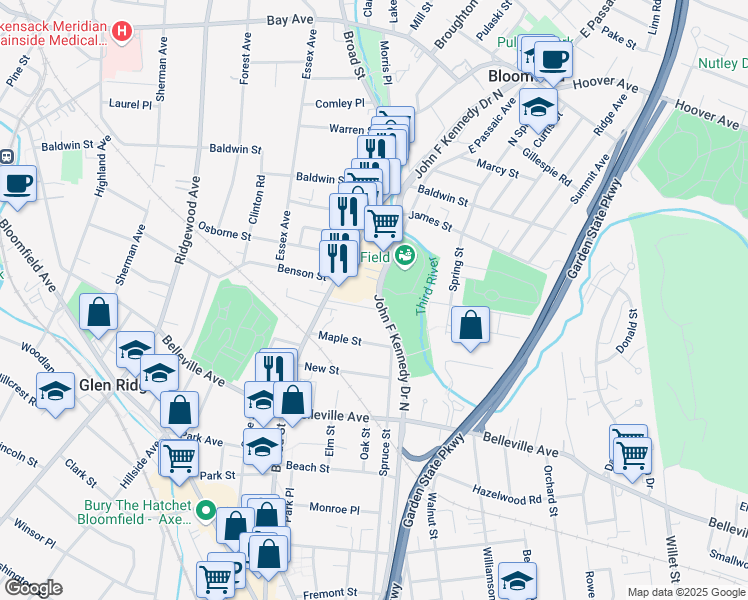 map of restaurants, bars, coffee shops, grocery stores, and more near 6 Almira Street in Bloomfield