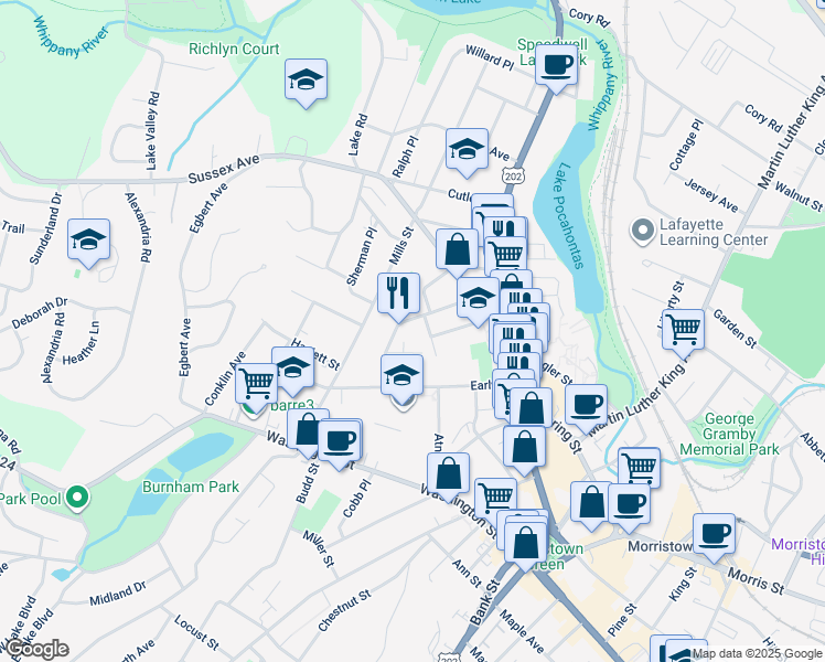 map of restaurants, bars, coffee shops, grocery stores, and more near 21 Bellevue Terrace in Morristown