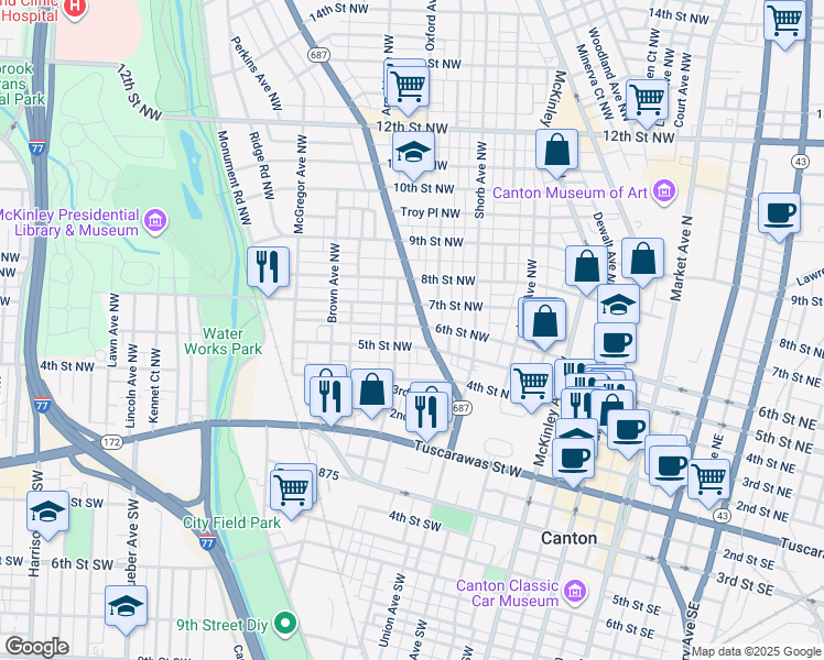 map of restaurants, bars, coffee shops, grocery stores, and more near 429 Fulton Road Northwest in Canton