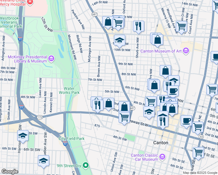 map of restaurants, bars, coffee shops, grocery stores, and more near 427 Newton Avenue Northwest in Canton