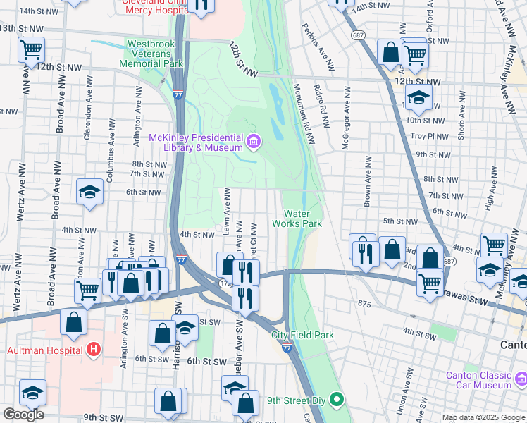 map of restaurants, bars, coffee shops, grocery stores, and more near 420 Kennet Court Northwest in Canton