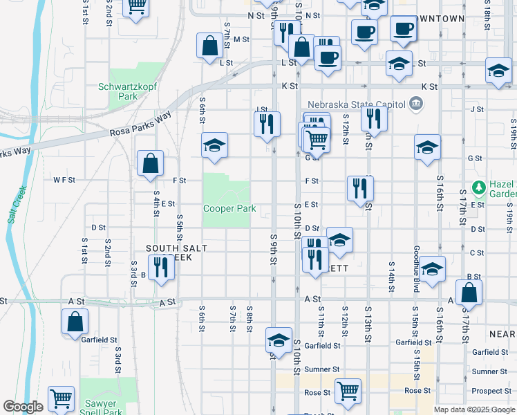 map of restaurants, bars, coffee shops, grocery stores, and more near 1026 South 8th Street in Lincoln