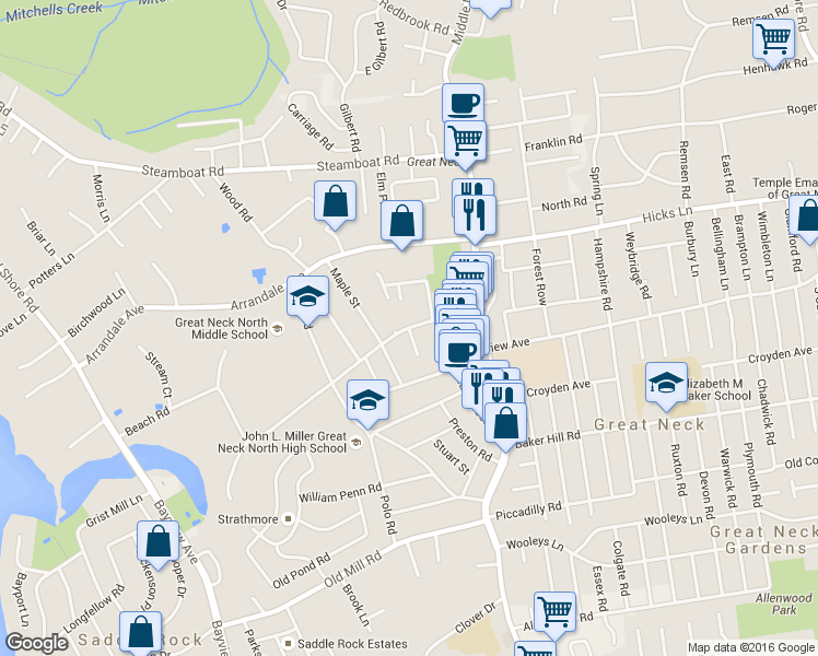 map of restaurants, bars, coffee shops, grocery stores, and more near Beach Rd & Church St in Great Neck
