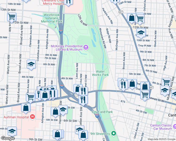 map of restaurants, bars, coffee shops, grocery stores, and more near 420 Kennet Court Northwest in Canton