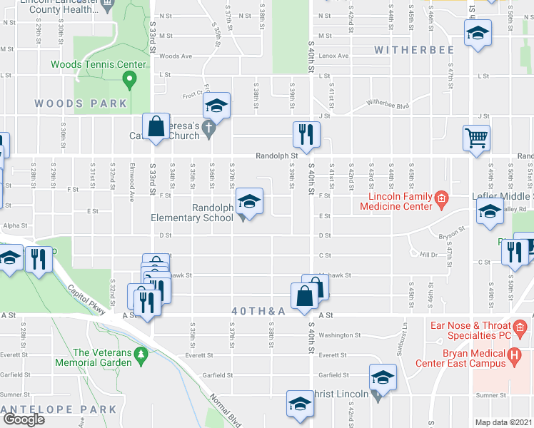 map of restaurants, bars, coffee shops, grocery stores, and more near 945 South 38th Street in Lincoln