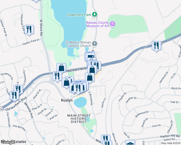 map of restaurants, bars, coffee shops, grocery stores, and more near 98 Skillman Street in Roslyn