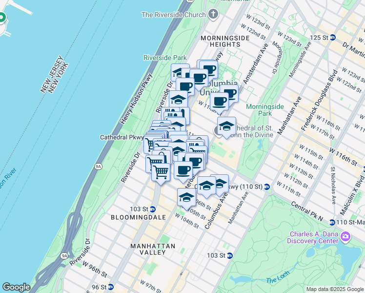 map of restaurants, bars, coffee shops, grocery stores, and more near 542 West 110th Street in New York