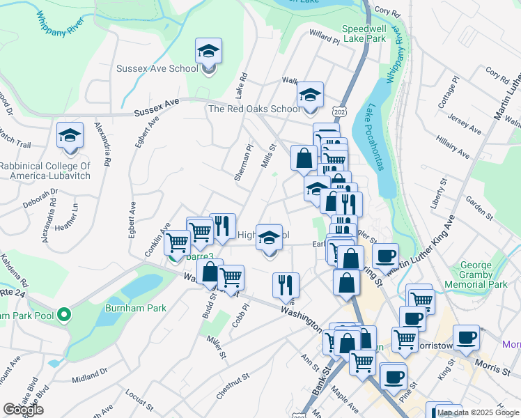 map of restaurants, bars, coffee shops, grocery stores, and more near 28 Harrison Street in Morristown