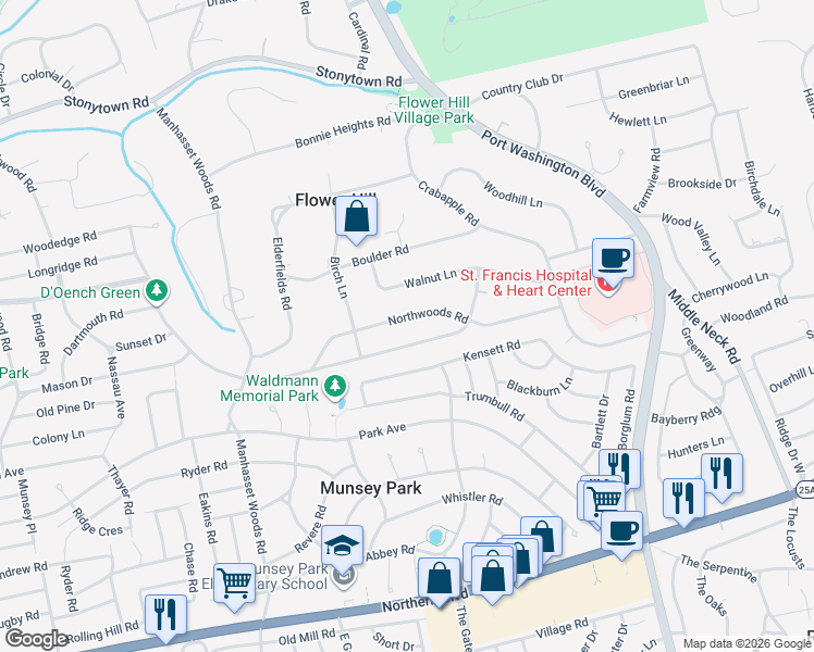 map of restaurants, bars, coffee shops, grocery stores, and more near 117 Dogwood Lane in Manhasset