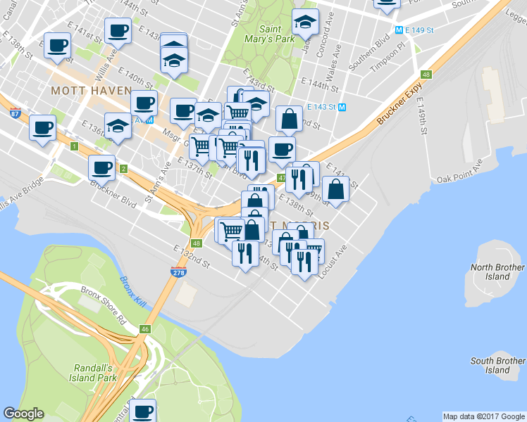 map of restaurants, bars, coffee shops, grocery stores, and more near 748 East 137th Street in The Bronx