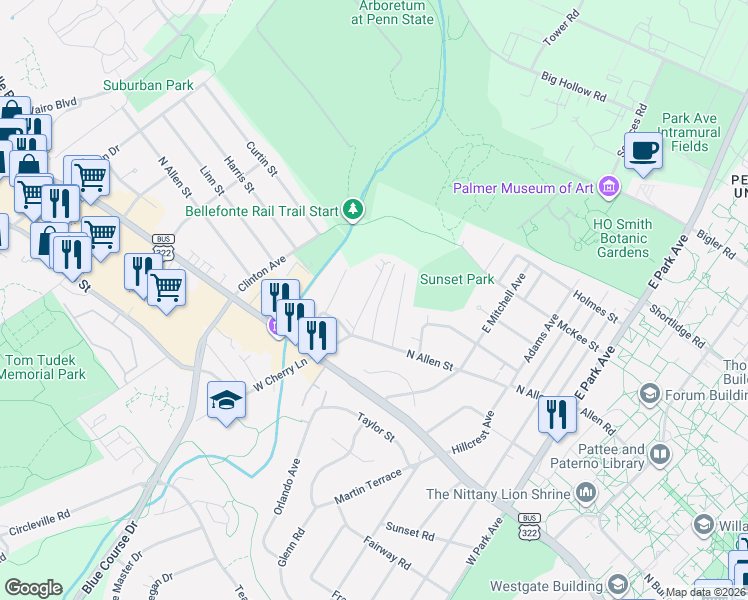 map of restaurants, bars, coffee shops, grocery stores, and more near 111 Edith Street in State College