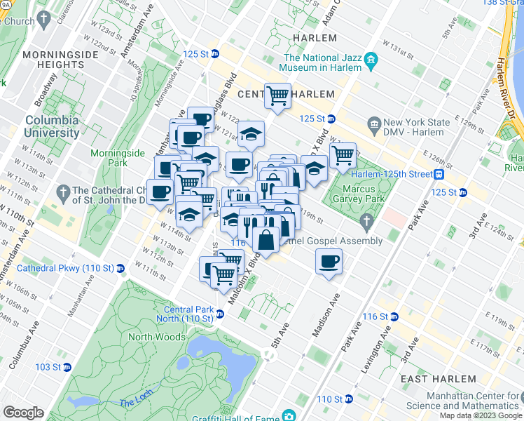map of restaurants, bars, coffee shops, grocery stores, and more near 116 West 118th Street in New York
