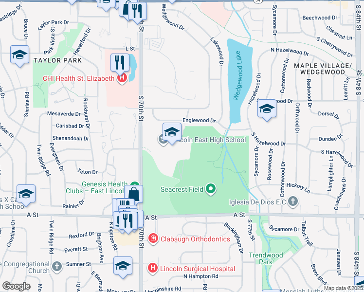 map of restaurants, bars, coffee shops, grocery stores, and more near 1000 South 70th Street in Lincoln