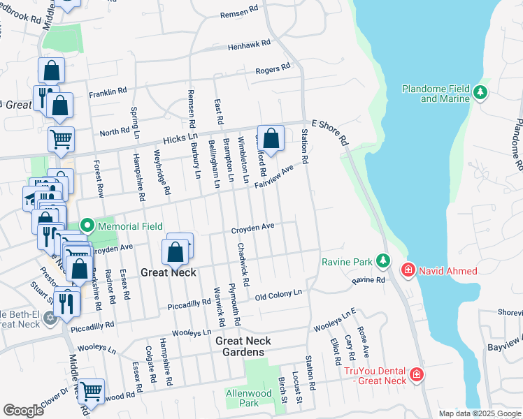 map of restaurants, bars, coffee shops, grocery stores, and more near 2 Wimbleton Lane in Great Neck