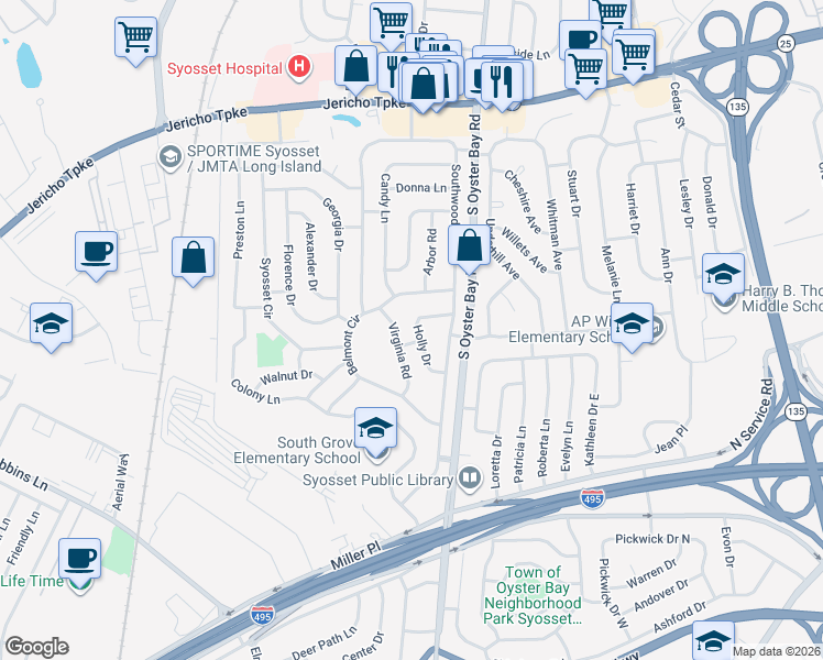 map of restaurants, bars, coffee shops, grocery stores, and more near 18 Holly Drive in Syosset