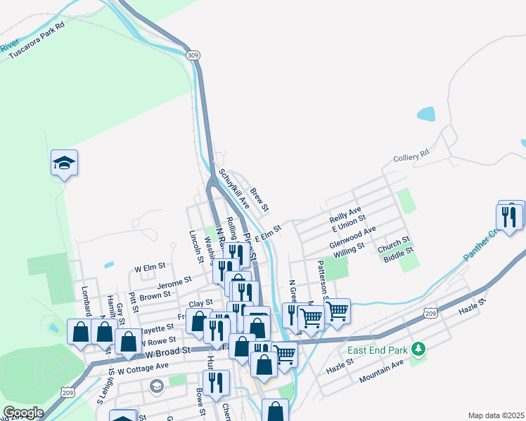 map of restaurants, bars, coffee shops, grocery stores, and more near 221 East Elm Street in Tamaqua