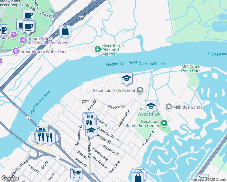 map of restaurants, bars, coffee shops, grocery stores, and more near 220 Meadow Lane in Secaucus