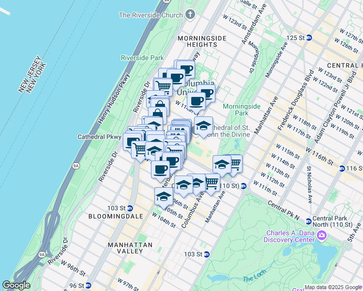 map of restaurants, bars, coffee shops, grocery stores, and more near 1021 Amsterdam Avenue in New York