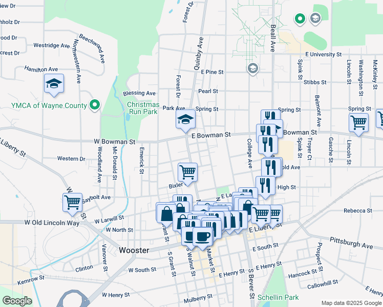 map of restaurants, bars, coffee shops, grocery stores, and more near 531 North Market Street in Wooster