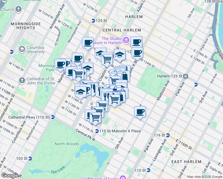 map of restaurants, bars, coffee shops, grocery stores, and more near 118 West 117th Street in New York