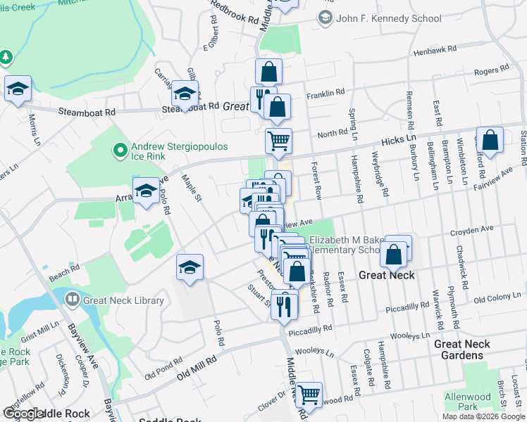 map of restaurants, bars, coffee shops, grocery stores, and more near 609 Middle Neck Road in Great Neck