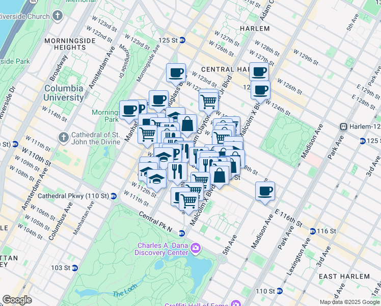 map of restaurants, bars, coffee shops, grocery stores, and more near 141w West 116th Street in New York
