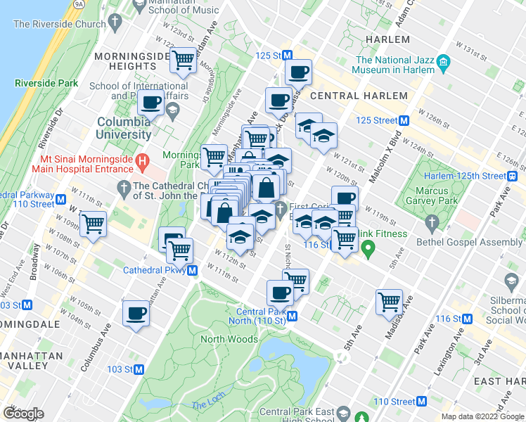 map of restaurants, bars, coffee shops, grocery stores, and more near 252 West 115th Street in New York