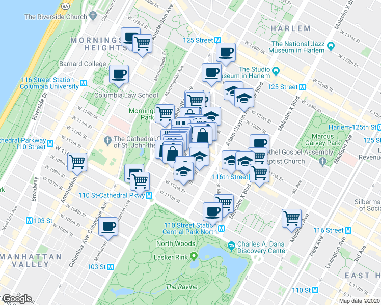 map of restaurants, bars, coffee shops, grocery stores, and more near 252 West 115th Street in New York