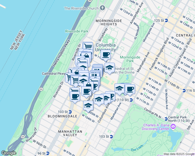 map of restaurants, bars, coffee shops, grocery stores, and more near 1021 Amsterdam Avenue in New York