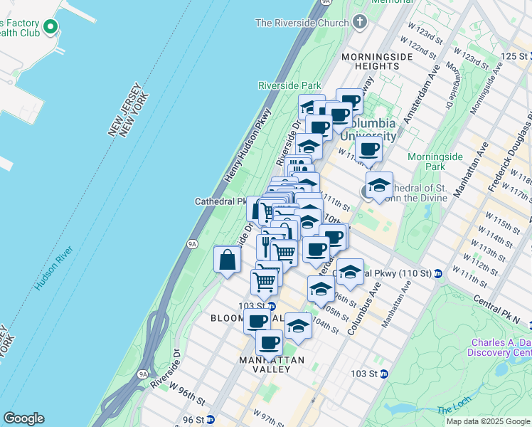 map of restaurants, bars, coffee shops, grocery stores, and more near 400 West 107th Street in New York