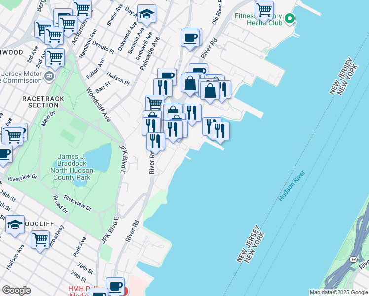 map of restaurants, bars, coffee shops, grocery stores, and more near 2 Main Street in Edgewater
