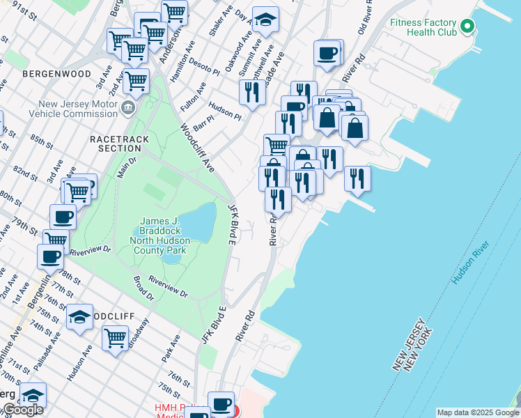 map of restaurants, bars, coffee shops, grocery stores, and more near 8700 Boulevard East in North Bergen